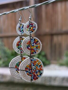 Handmade White Beaded Multi-Color Circle Drop Earrings